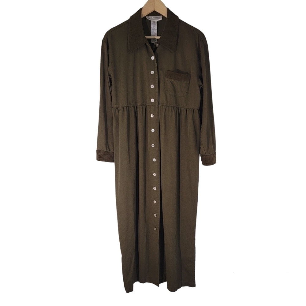 Jessica Howard Women's Olive Green Button Front Long Sleeve Shirt Dress Sz 10